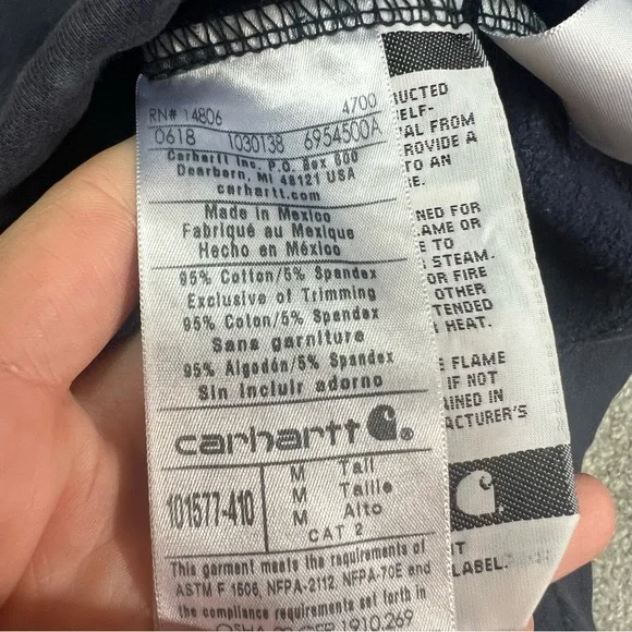 Carhartt Force FR Hoodie Jacket Cat 2 Mens Medium Tall Navy Blue Flame Resistant - Picture 10 of 11
